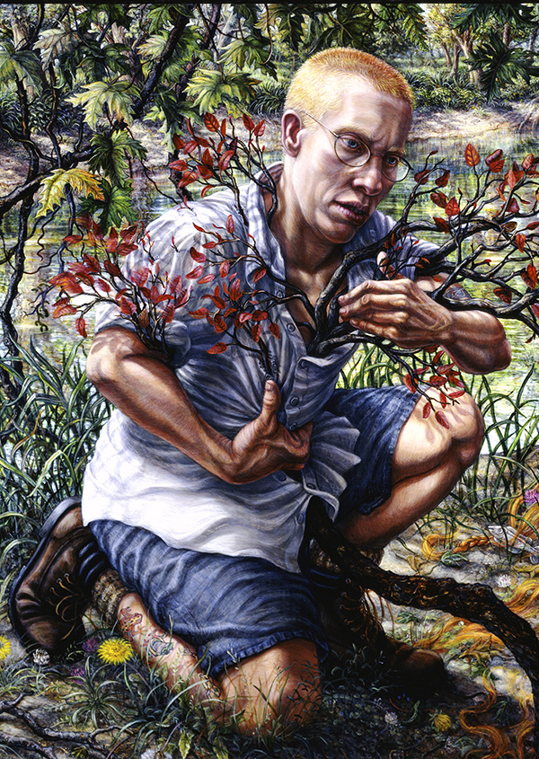A man with short red hair, glasses, and pale skin kneels by a tree at the side of a body of water. He holds branches with red leaves in his arms. A blue blanket is on the ground by him.